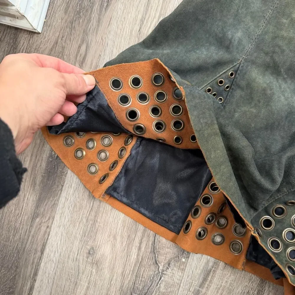 Double D Ranch Grommet Sepia Leather Midi Skirt Grunge Alternative